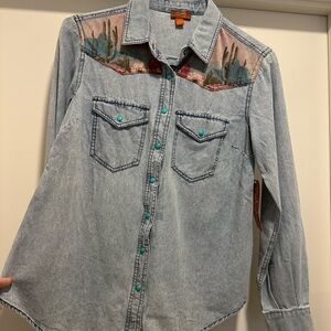 Scully Light Blue Denim Shirt with Cactus Design